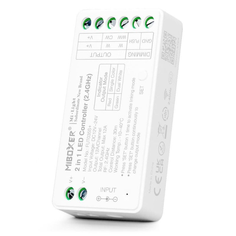 Controlador de tira LED 2 en 1 - Monocromo y CCT - 12/24 V CC - 2,4 G - MiBoxer - FUT035S+