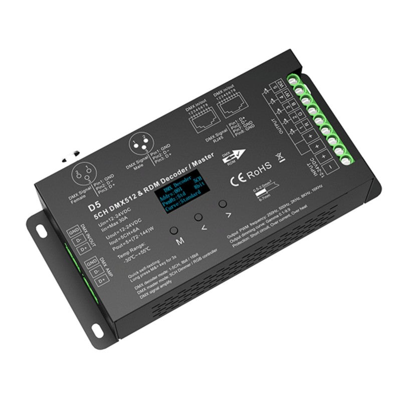 Decodificador DMX512 12-24V DC - 6A/canal - 5 canales - Pantalla OLED