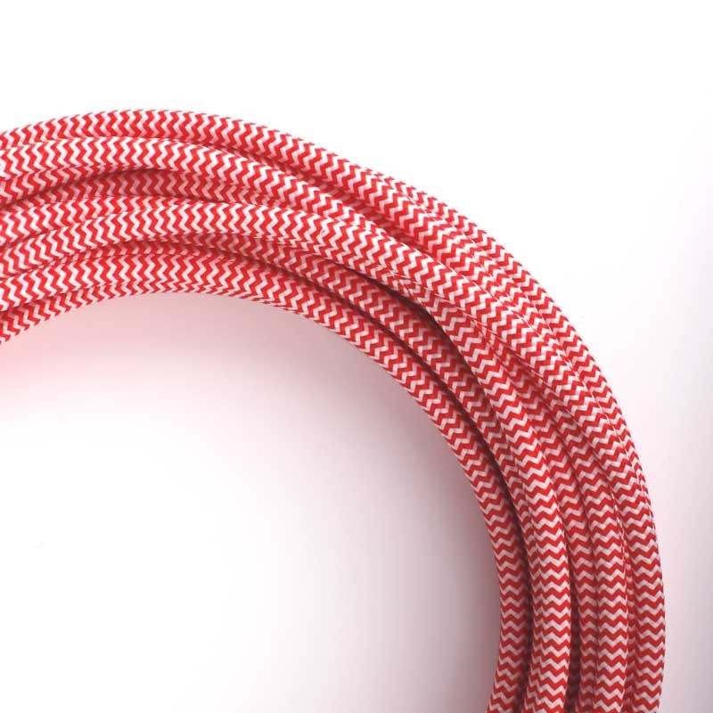 Cable eléctrico redondo recubierto de tejido efecto seda en zigzag rojo y blanco