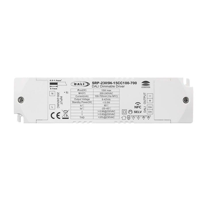 Driver DALI DT6 monochrome dimmable 220-240V - Sortie 6-42V DC - 100-700mA - 15W