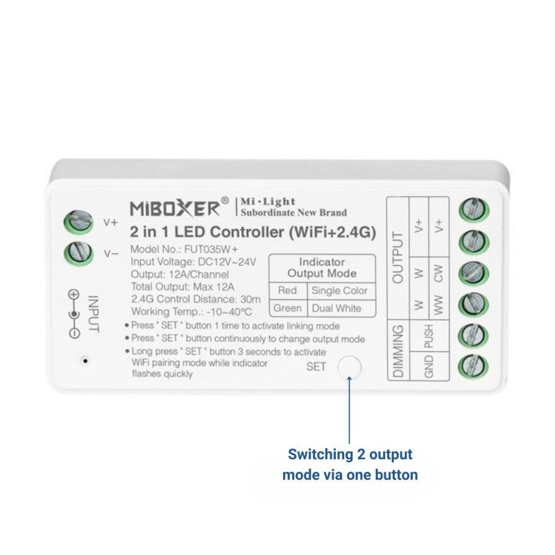 Controlador de tira LED monocromática 2 en 1 - Blanco dual - 12/24 V CC - 2,4 G - WiFi - MiBoxer - FUT035W+