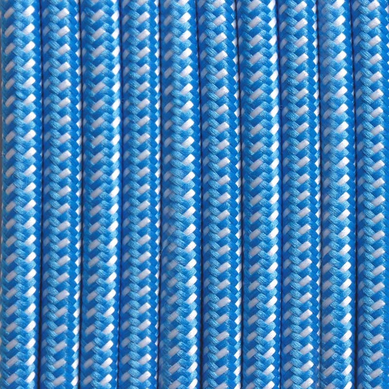 Câble électrique rond enrobé d'un tissu effet soie de couleur bleue et blanche