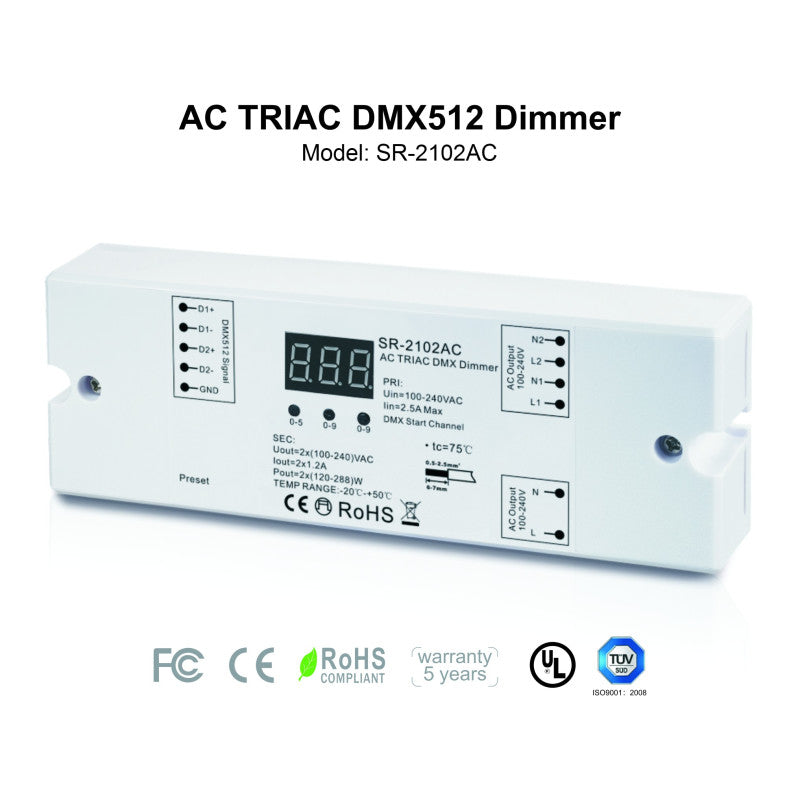 Contrôleur AC TRIAC monochrome - DMX Dimmer - 2 canaux 1,2A/ch - 100-240V - Sunricher