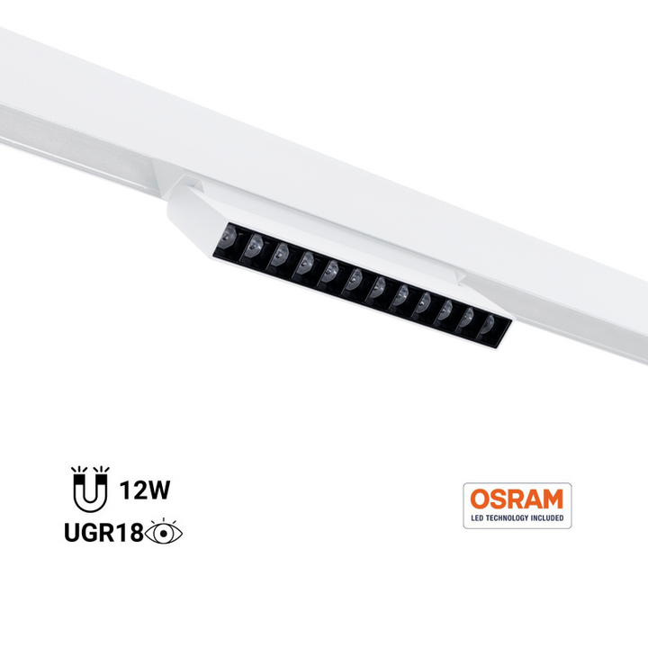 Foco lineal orientable para carril magnético 48V - 12W - 2800K - Chip OSRAM - UGR18 - Blanco