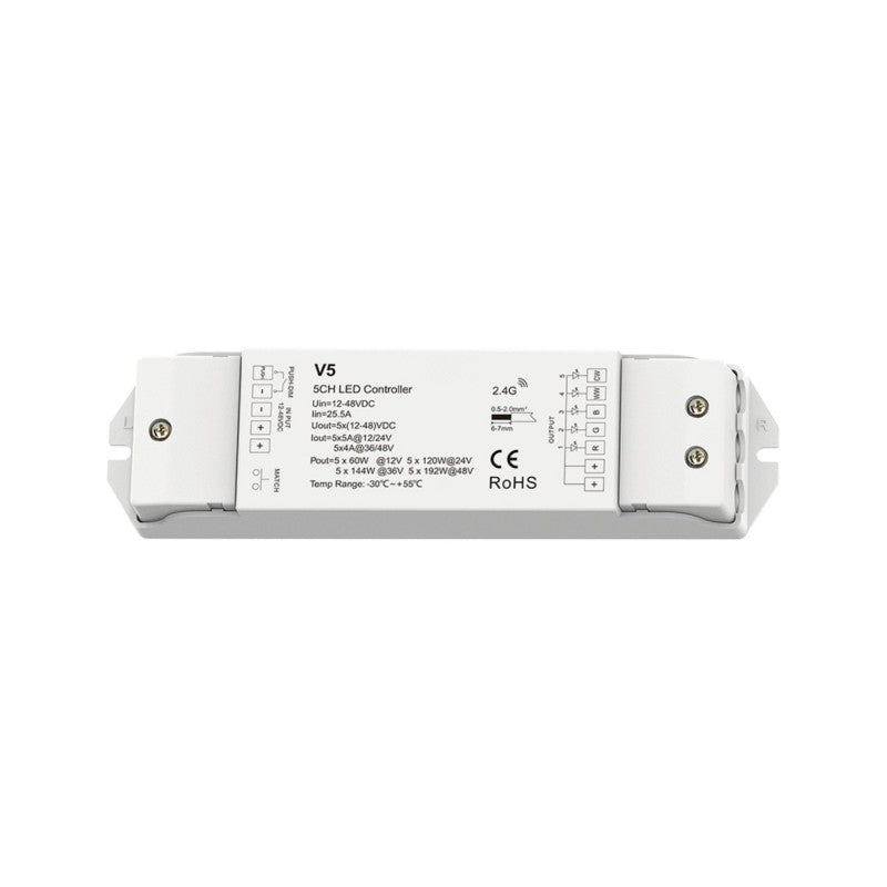 Controlador dimmer RGB+CCT 12-48V DC - 25A (5A/canal) - RF 2.4G - Dimmer PUSH - Skydance