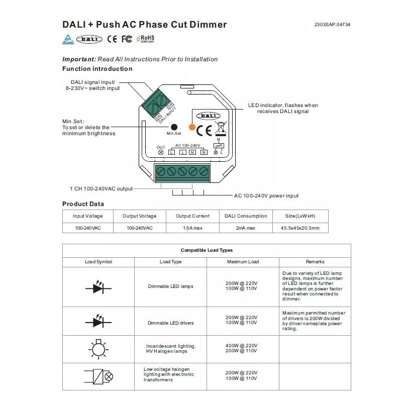 Regulador monocromático DALI y PUSH - 400W - 1 canal - 100-240V AC - Sunricher