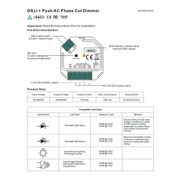 Variateur monochrome DALI et PUSH - 400W - 1 canal - 100-240V AC - Sunricher