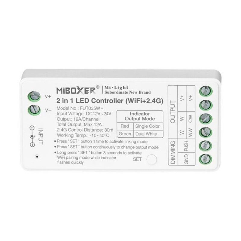 Controlador de tira LED monocromática 2 en 1 - Blanco dual - 12/24 V CC - 2,4 G - WiFi - MiBoxer - FUT035W+