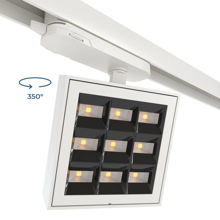 Foco LED cuadrado para carril trifásico - Potencia regulable: 12-42W - 4000K - CRI90 - Ángulo 35° x 70°