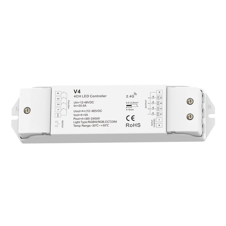 Controlador dimmer RGBW / RGB / CCT / monocromo 12-48V DC - 20A (5A/canal) - RF 2.4G - Dimmer PUSH - Skydance