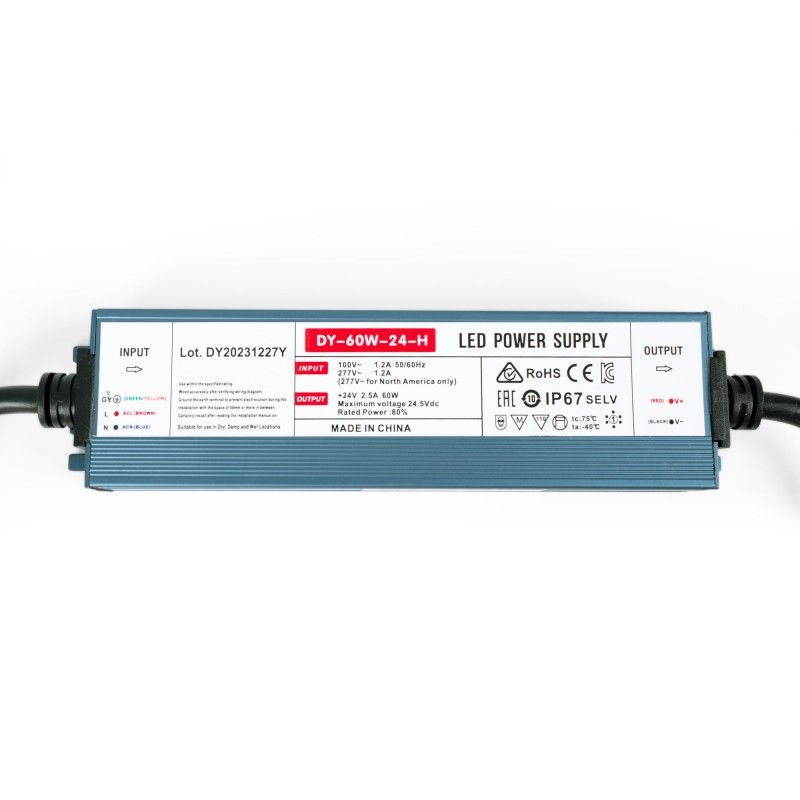 Fuente de alimentación LED impermeable de 24 V, 60 W, extraplana, 2,5 A, IP67