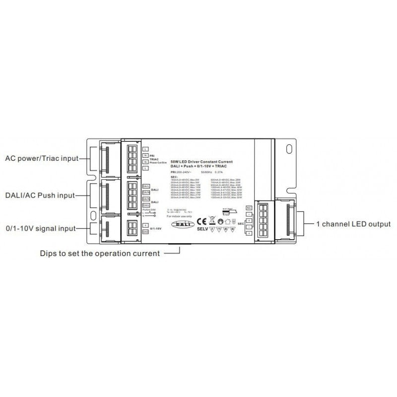 Controlador LED regulable TRIAC DALI PUSH 0/1-10V 50W (180-1500mA)