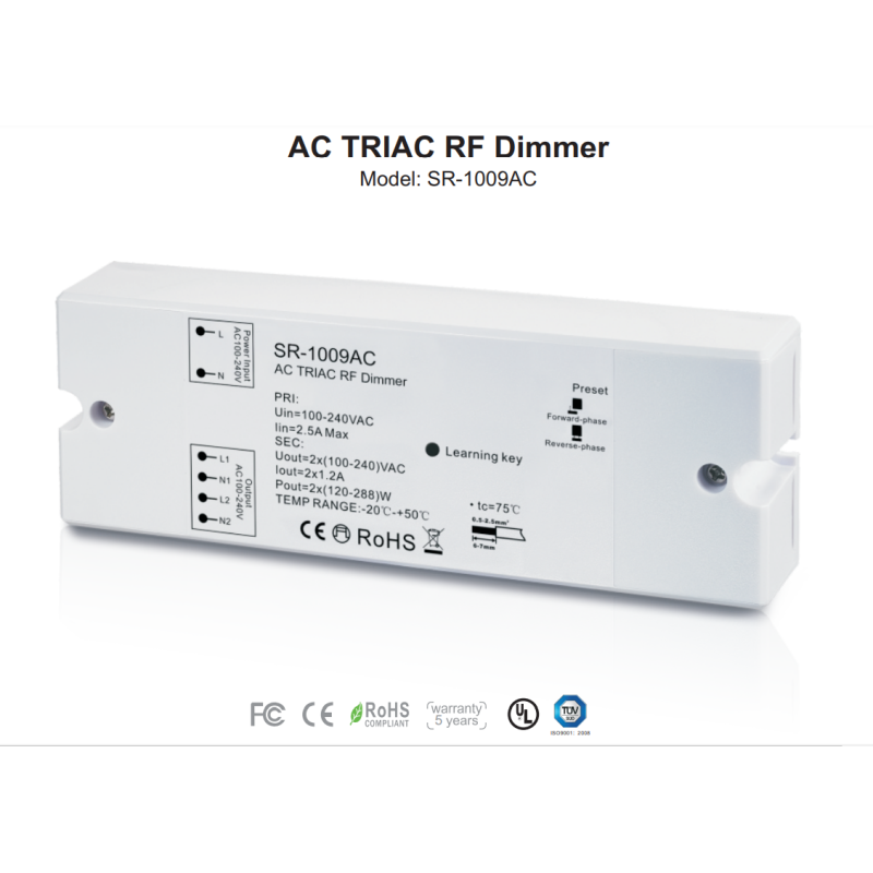 Contrôleur monocouleur dimmable - AC TRIAC RF Dimmer - 2 canaux 1,2A/ch - 100-240VAC - SUNRICHER Perfect RF