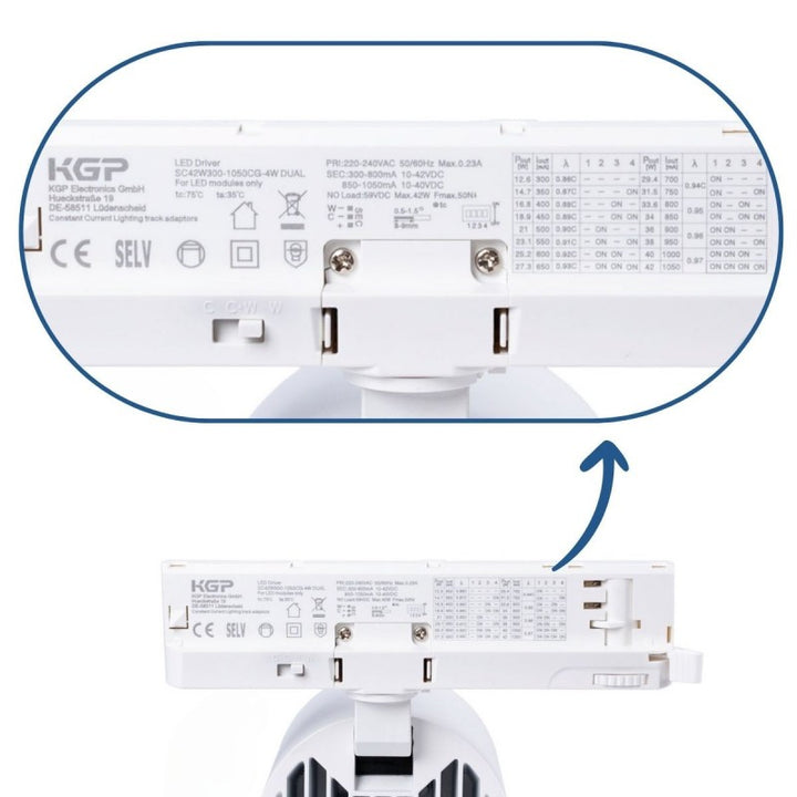 Projecteur LED sur rail triphasé CCT 40W - IRC 90 - Driver KGP- Blanc