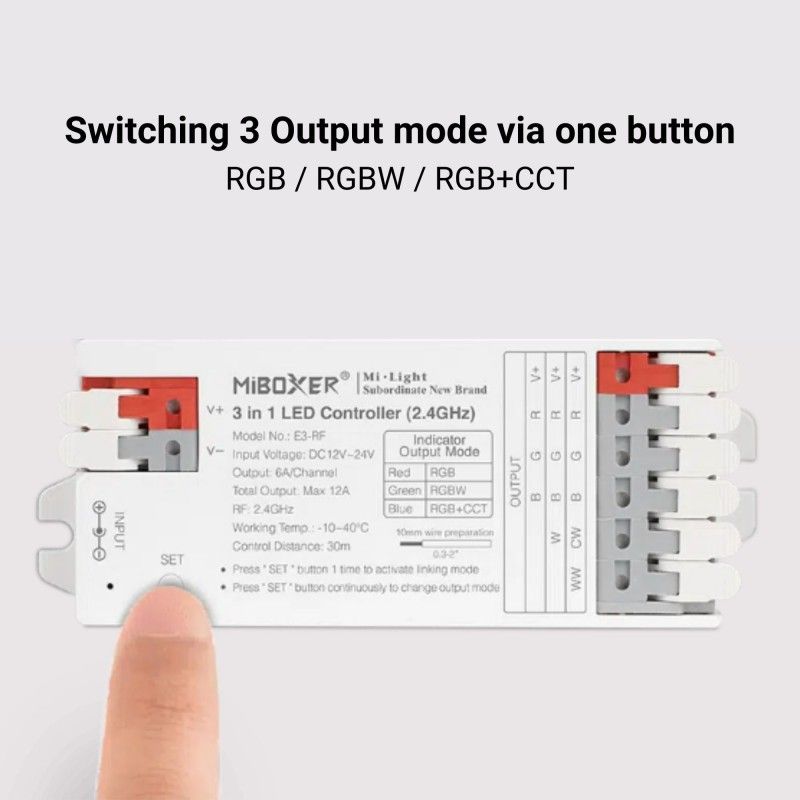 Controlador de tira LED RGB / RGBW / RGB + CCT 3 en 1 - 12/24 V CC - 2,4 GHz - Mi Boxer - E3-RF