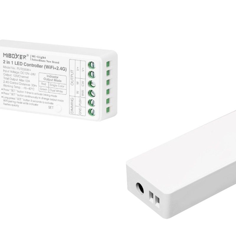 Controlador de tira LED monocromática 2 en 1 - Blanco dual - 12/24 V CC - 2,4 G - WiFi - MiBoxer - FUT035W+