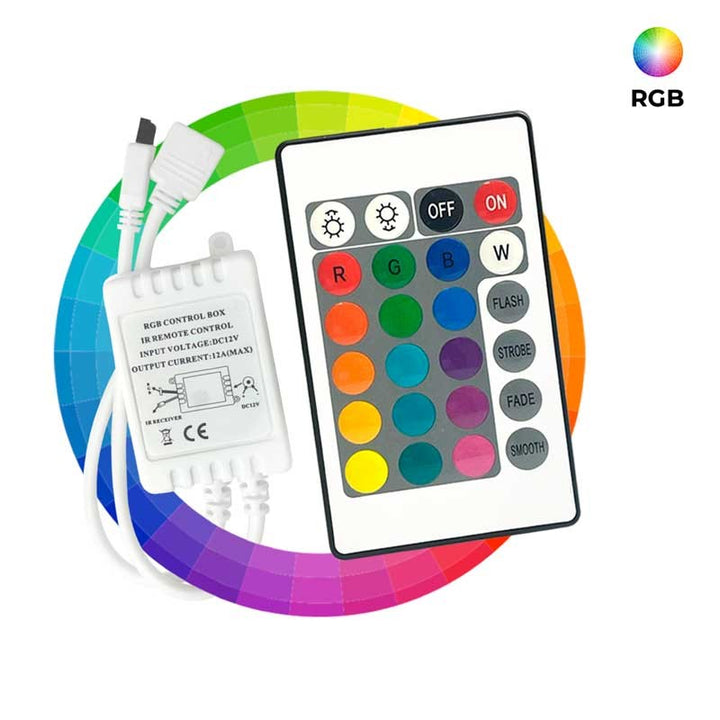 Controlador de tira de LED RGB de 2 amperios por canal, control remoto IR de 24 teclas