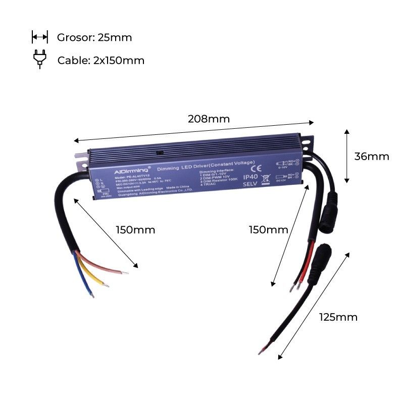 Alimentation dimmable TRIAC DC 12V 40W 3.3A 40W IP40