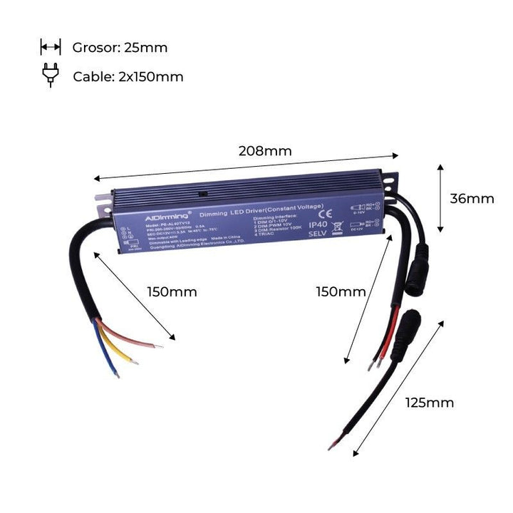 Fuente de alimentación regulable TRIAC DC 12V 40W 3,3A 40W IP40