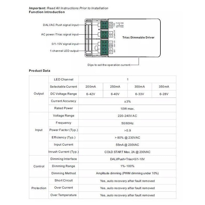 Driver Dimmable TRIAC DALI PUSH 0/1-10V 10W (200-350mA)