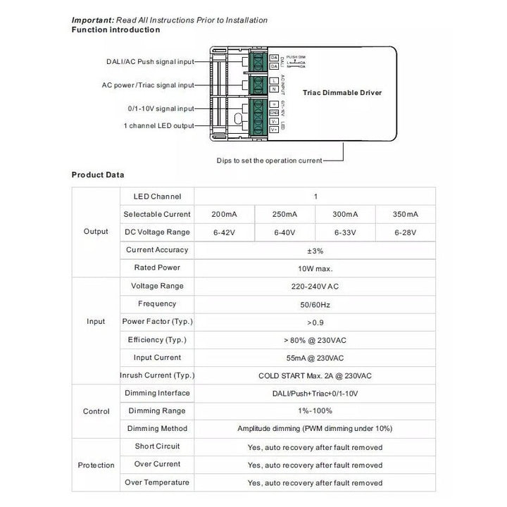 Controlador regulable TRIAC DALI PUSH 0/1-10V 10W (200-350mA)