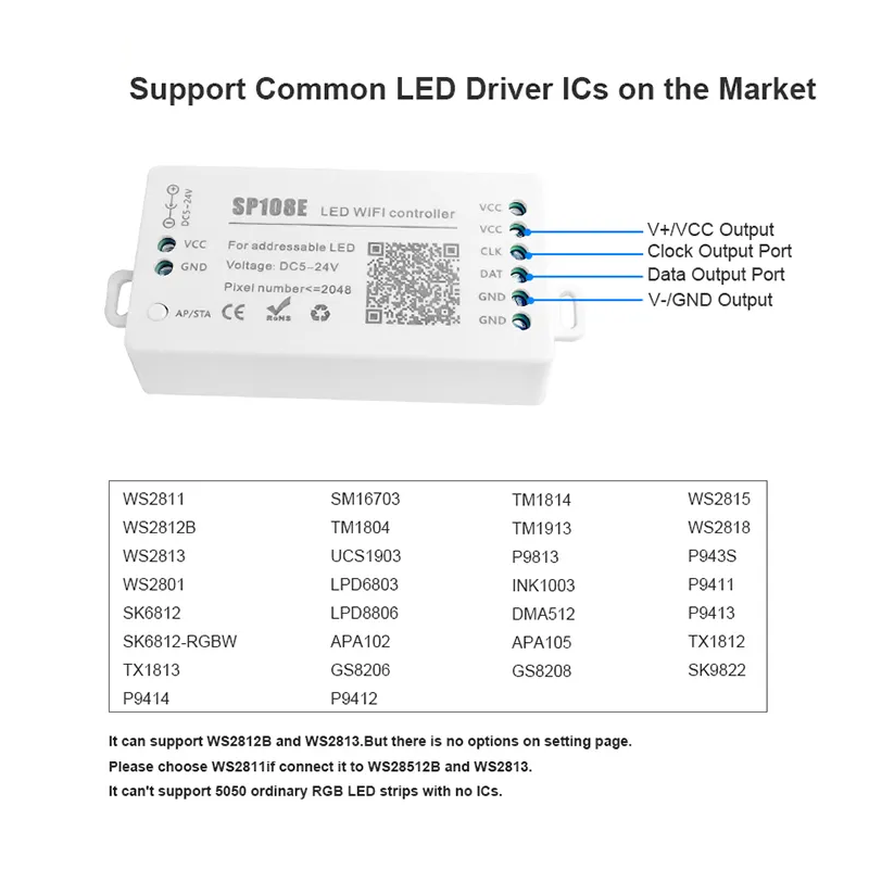 Controlador de píxeles LED IC WIFI RGB/RGBW - 5-24 V CC - 2048 píxeles