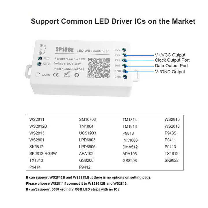 Contrôleur LED IC pixel WIFI RGB/RGBW - 5-24V DC - 2048 pixels