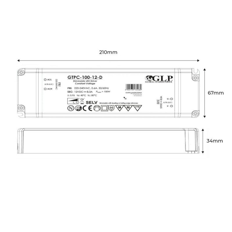 Alimentation LED dimmable Triac 100W 12V - GPL