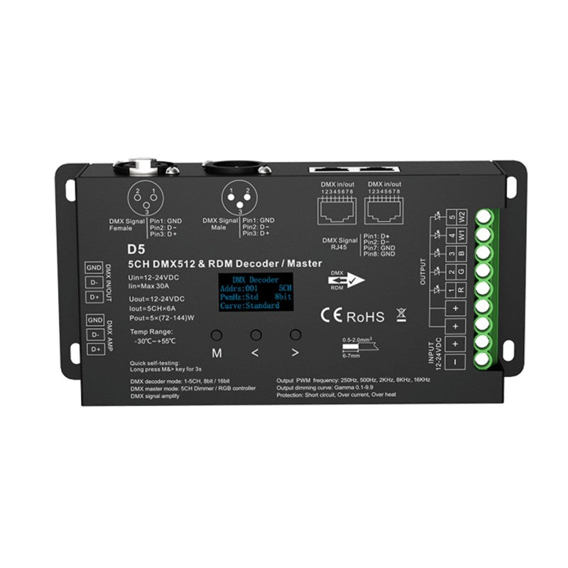 Décodeur DMX512 12-24V DC - 6A/canal - 5 canaux - Ecran OLED