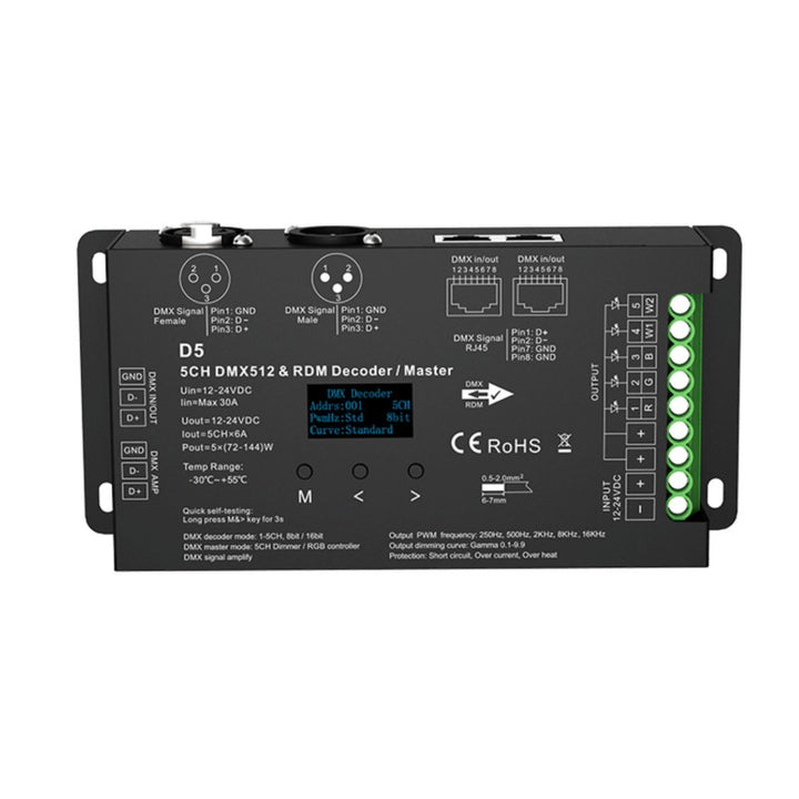 Decodificador DMX512 12-24V DC - 6A/canal - 5 canales - Pantalla OLED