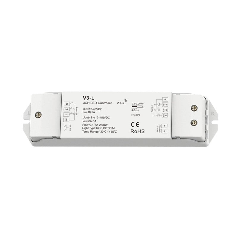 Controlador dimmer RGB/CCT/monocromo 12-48V DC - 18A (6A/canal) - RF 2.4G - Dimmer PUSH - Skydance