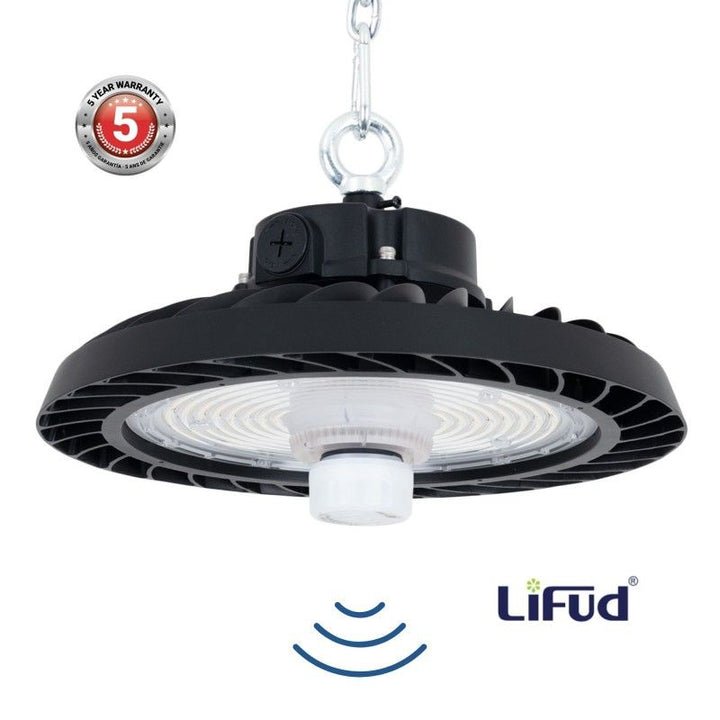 Lámpara colgante industrial LED UFO 200W - CCT - Con detector de movimiento - 170lm/W - Driver LIFUD - IP65 - 5 años de garantía