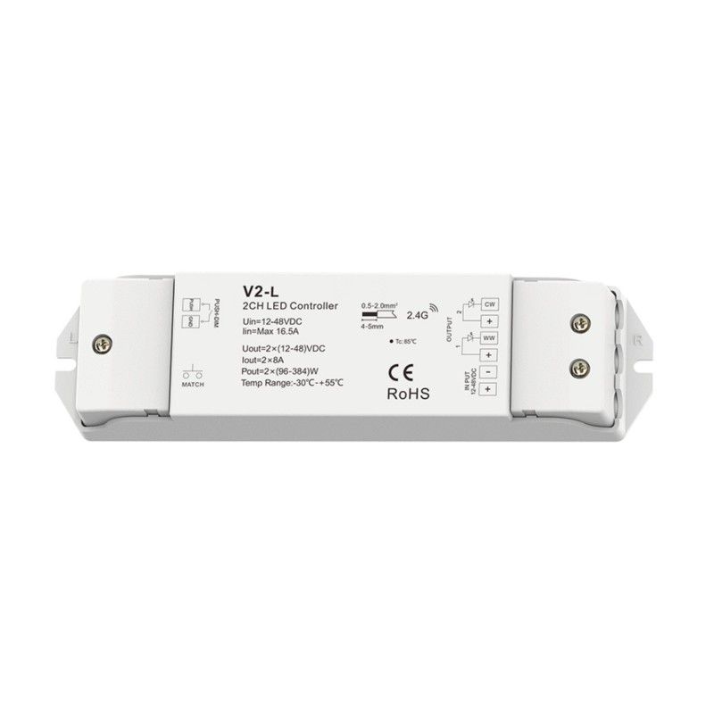 Contrôleur variateur CCT 12-48V DC - 16A (8A/canal) - RF 2.4G - Dimmer PUSH - Skydance