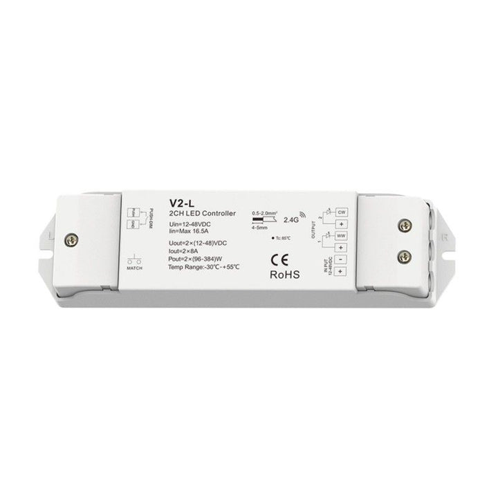 Controlador de intensidad CCT 12-48 V CC - 16 A (8 A/canal) - RF 2,4 G - Regulador PUSH - Skydance