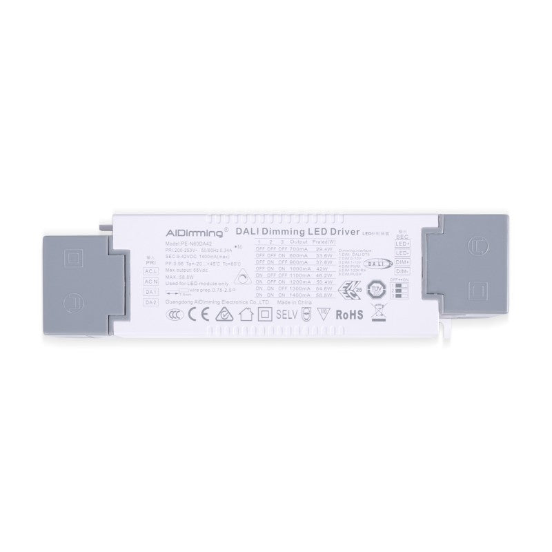 Driver dimmable par DALI + 1/0-10V + PUSH - 9-42V DC - 58W - Courant multiple (700-1400mA)