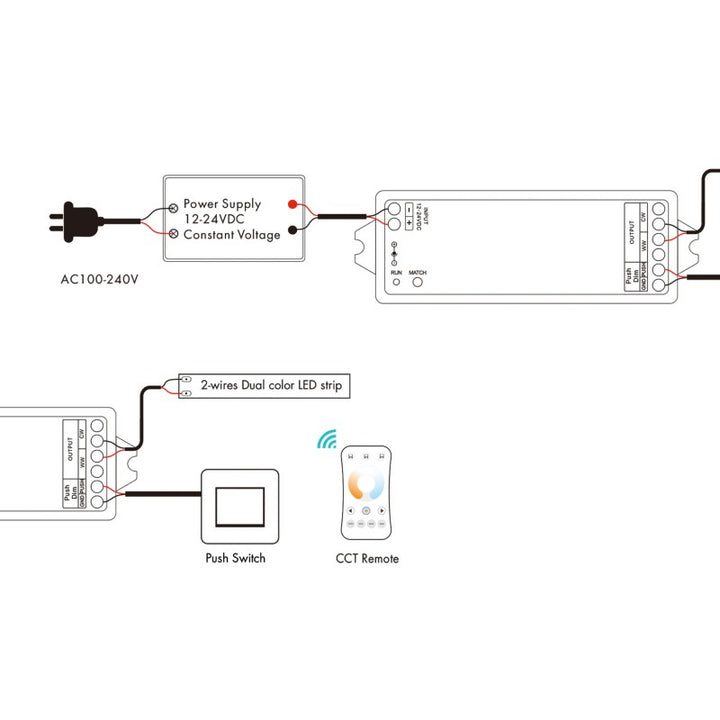 Contrôleur CCT 12-24V DC - 2 fils - 5A - RF 2.4GHz - PUSH dimmer - Skydance