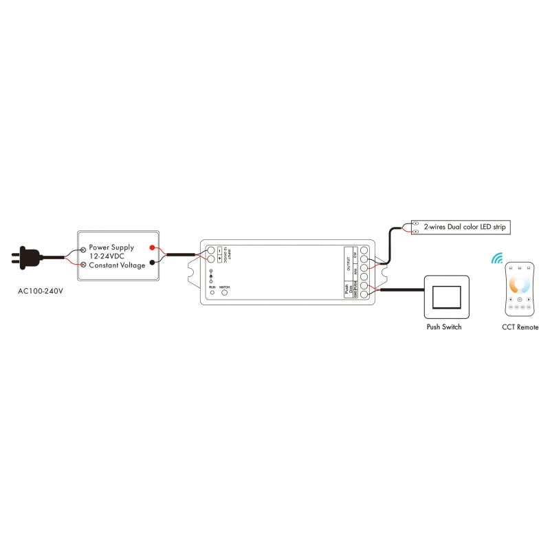 Contrôleur CCT 12-24V DC - 2 fils - 5A - RF 2.4GHz - PUSH dimmer - Skydance