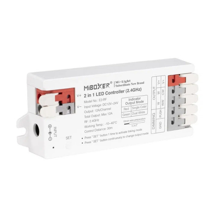 Controlador de tira LED 2 en 1 - Monocromo - CCT - 12/24 V CC - 2,4 GHz - MiBoxer - E2-RF