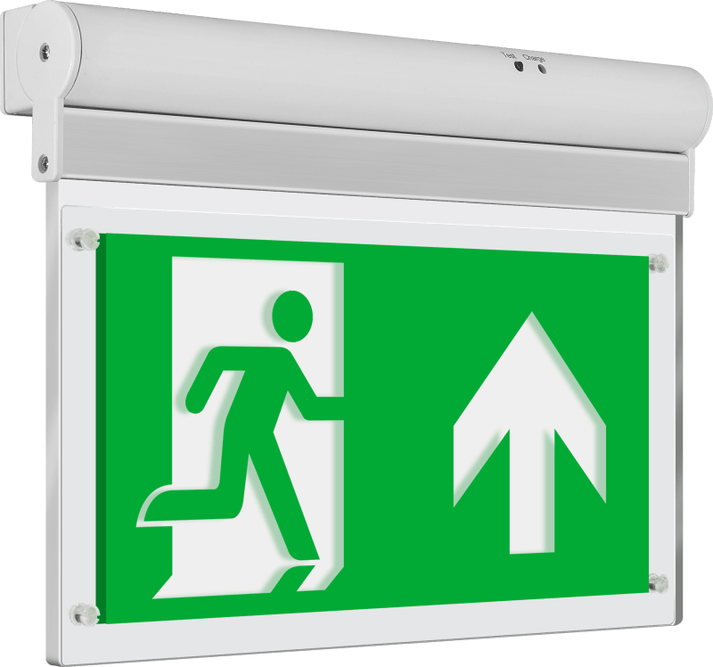 Letrero luminoso decorativo de salida de emergencia Luceco con flecha hacia arriba, iluminación de emergencia permanente, 3 W
