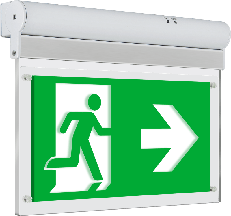 Letrero luminoso decorativo de salida de emergencia Luceco con flecha hacia el lateral, iluminación de emergencia permanente, 3 W