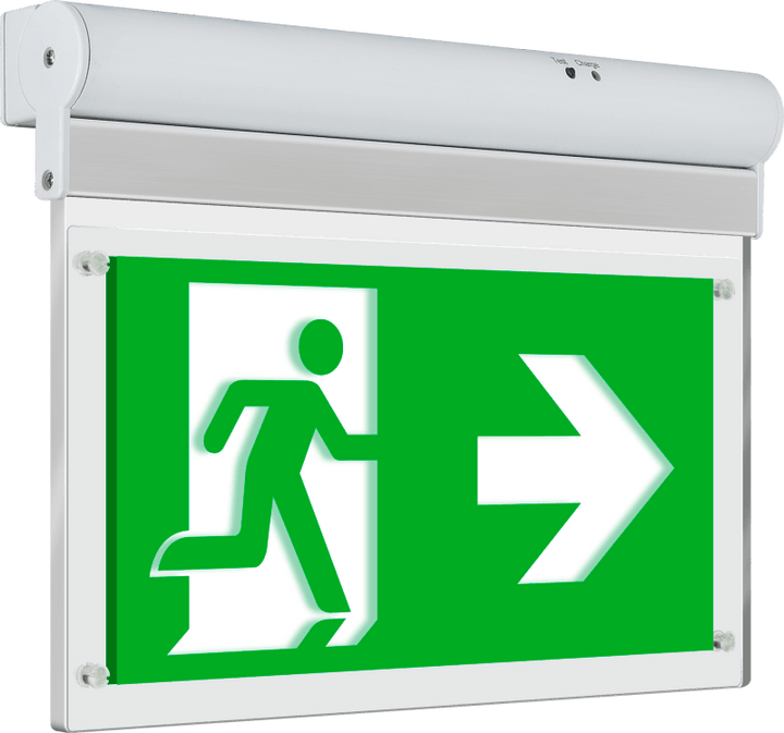 Letrero luminoso decorativo de salida de emergencia Luceco con flecha hacia el lateral, iluminación de emergencia permanente, 3 W