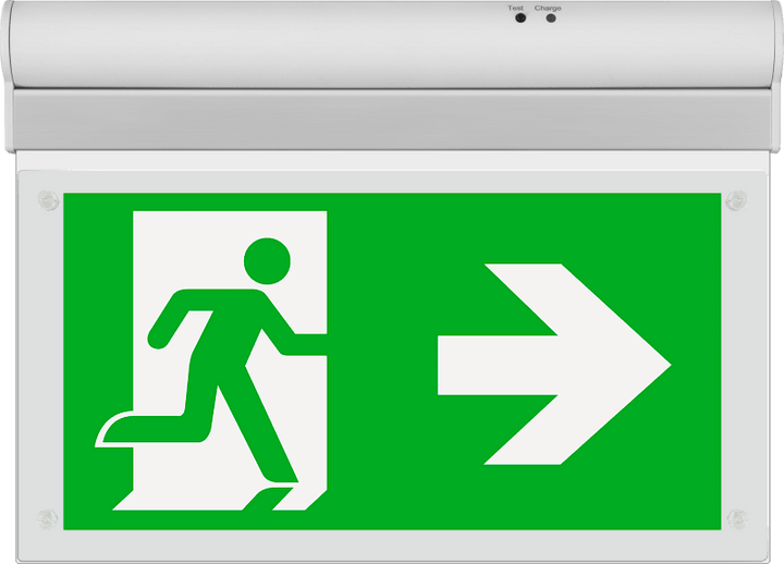 Letrero luminoso decorativo de salida de emergencia Luceco con flecha hacia el lateral, iluminación de emergencia permanente, 3 W