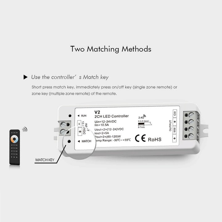 Controlador CCT 12-24 V DC - 2 canales - 5 A/canal - RF 2,4 GHz - Skydance