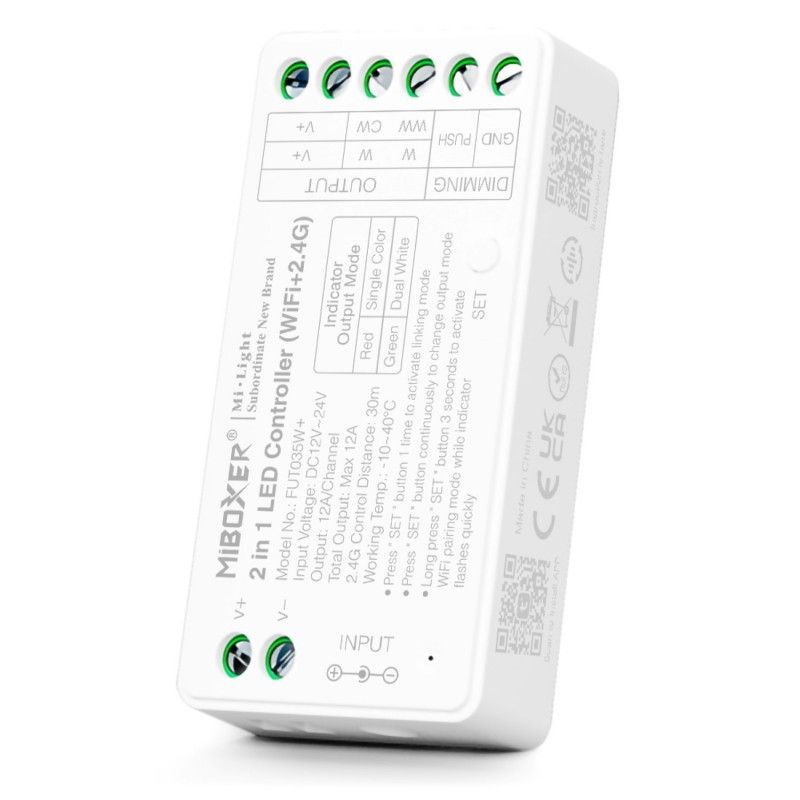 Controlador de tira LED monocromática 2 en 1 - Blanco dual - 12/24 V CC - 2,4 G - WiFi - MiBoxer - FUT035W+