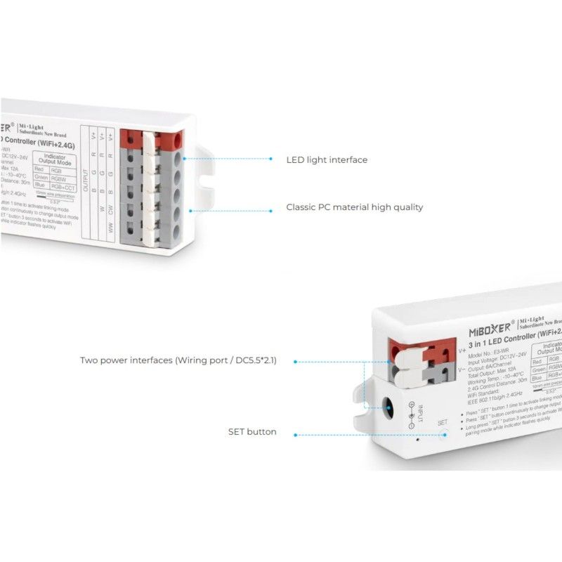 Controlador de tira LED 3 en 1 - RGB / RGBW / RGB+CCT - 12/24 V CC - 2,4 GHz + WiFi - Mi Boxer - E3-WR