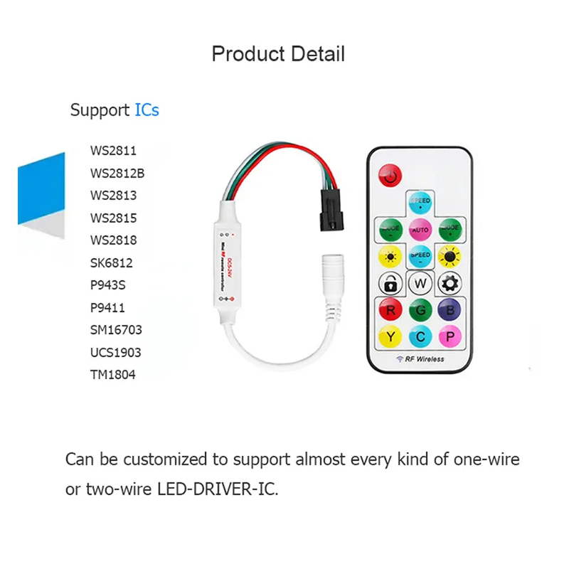 Controlador LED IC RGB/RGBW con control remoto RF - 5-24 V CC - 2048 píxeles