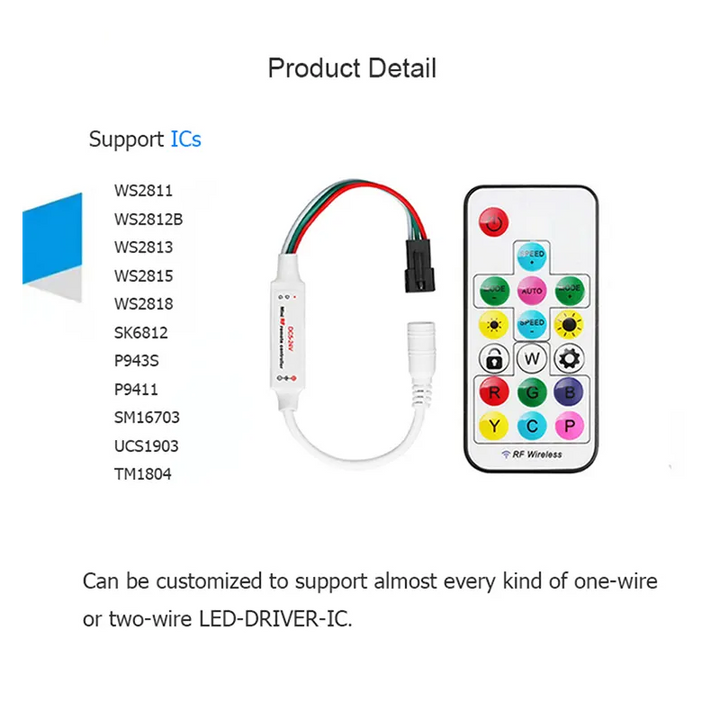 Controlador LED IC RGB/RGBW con control remoto RF - 5-24 V CC - 2048 píxeles