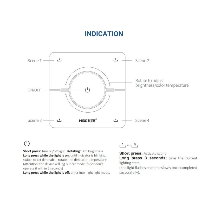 Panneau de commande RF avec molette - CCT - 4 scènes - Mi Light - 2.4GHz