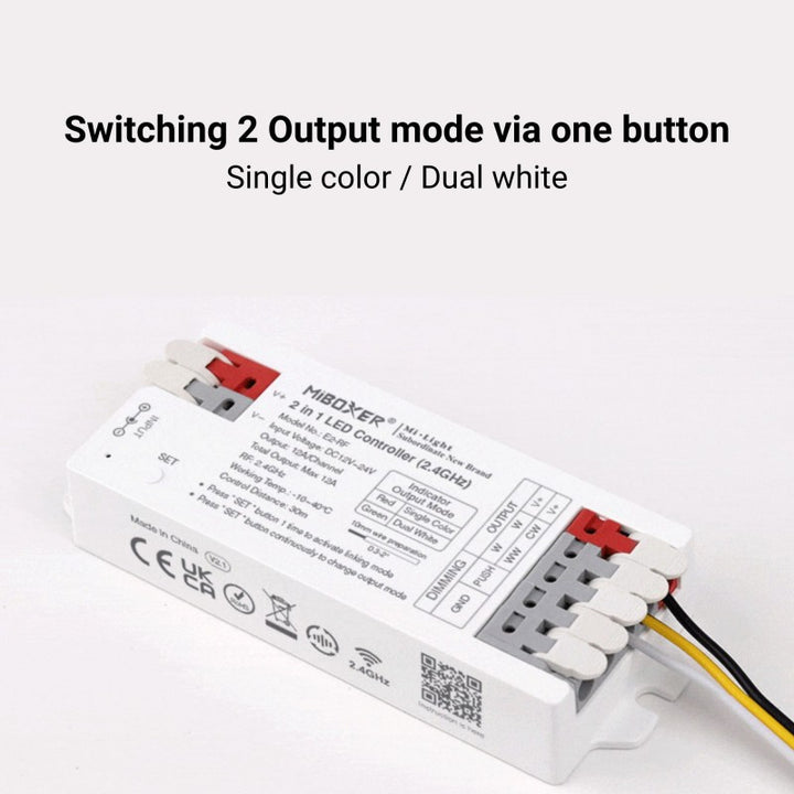 Controlador de tira LED 2 en 1 - Monocromo - CCT - 12/24 V CC - 2,4 GHz - MiBoxer - E2-RF