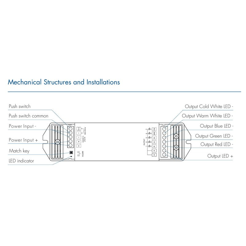 Controlador dimmer RGB+CCT 12-48V DC - 25A (5A/canal) - RF 2.4G - Dimmer PUSH - Skydance